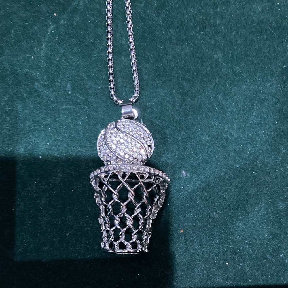 Silver Basketball Hoop Pendant Necklace